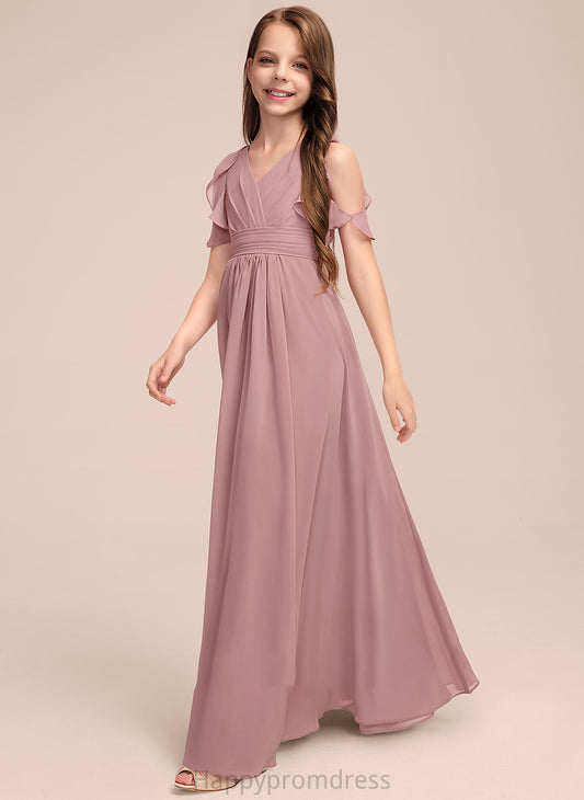 Cascading Floor-Length With A-Line V-neck Junior Bridesmaid Dresses Chiffon Cristina Ruffles