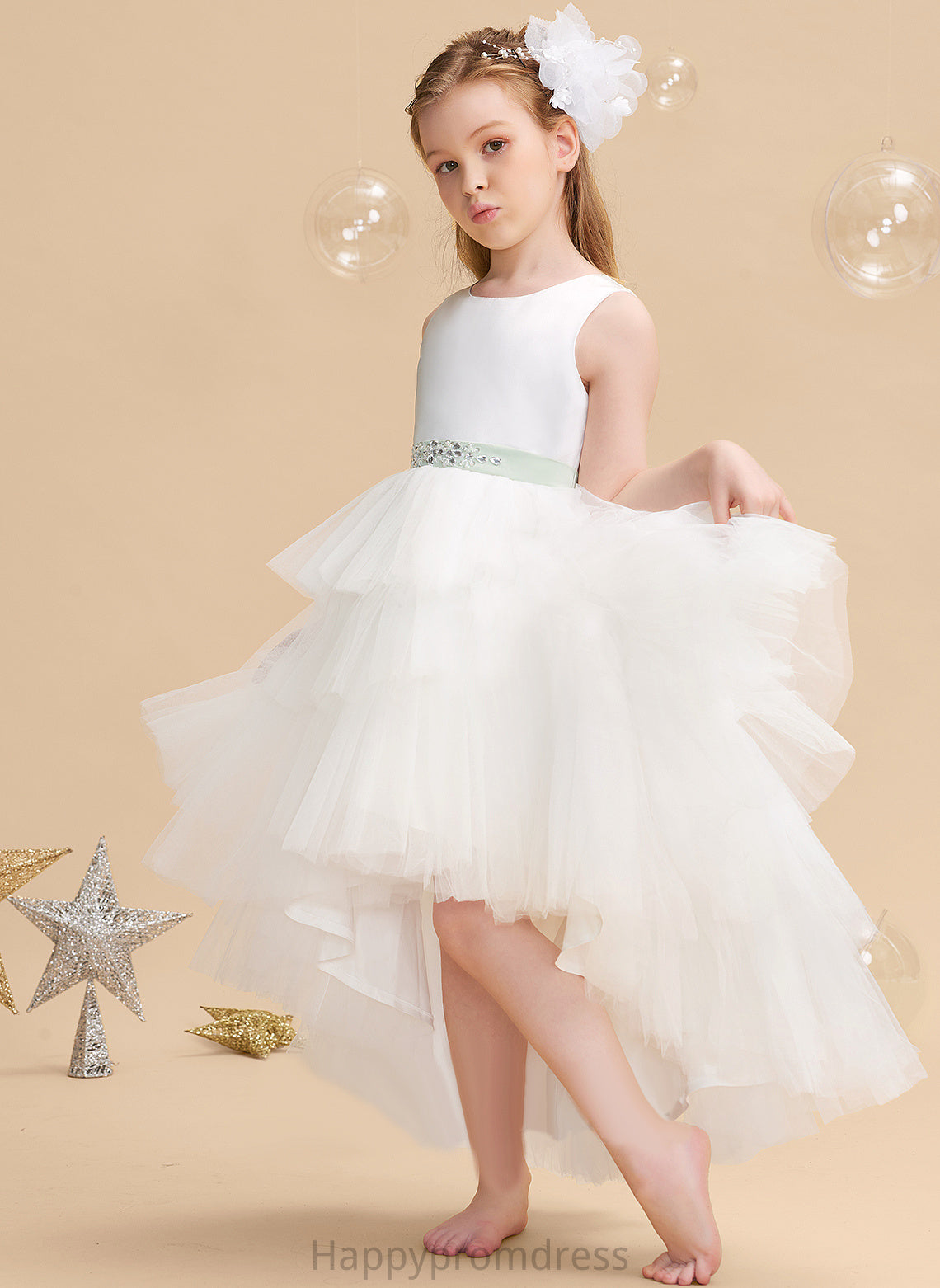 - With Flower Ball-Gown/Princess Tulle Asymmetrical Brooklynn (Detachable Neck Girl sash) Scoop Sash/Beading Flower Girl Dresses Sleeveless Dress