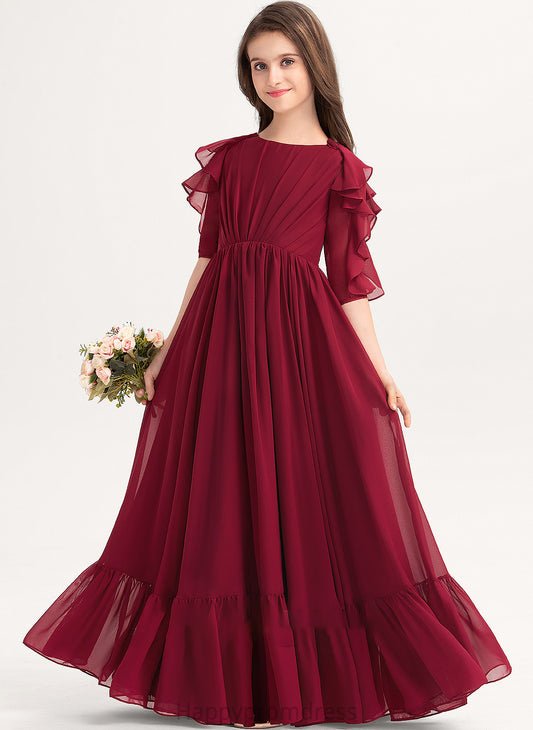 Michaelia Floor-Length Neck With Junior Bridesmaid Dresses Scoop Cascading Chiffon A-Line Ruffles