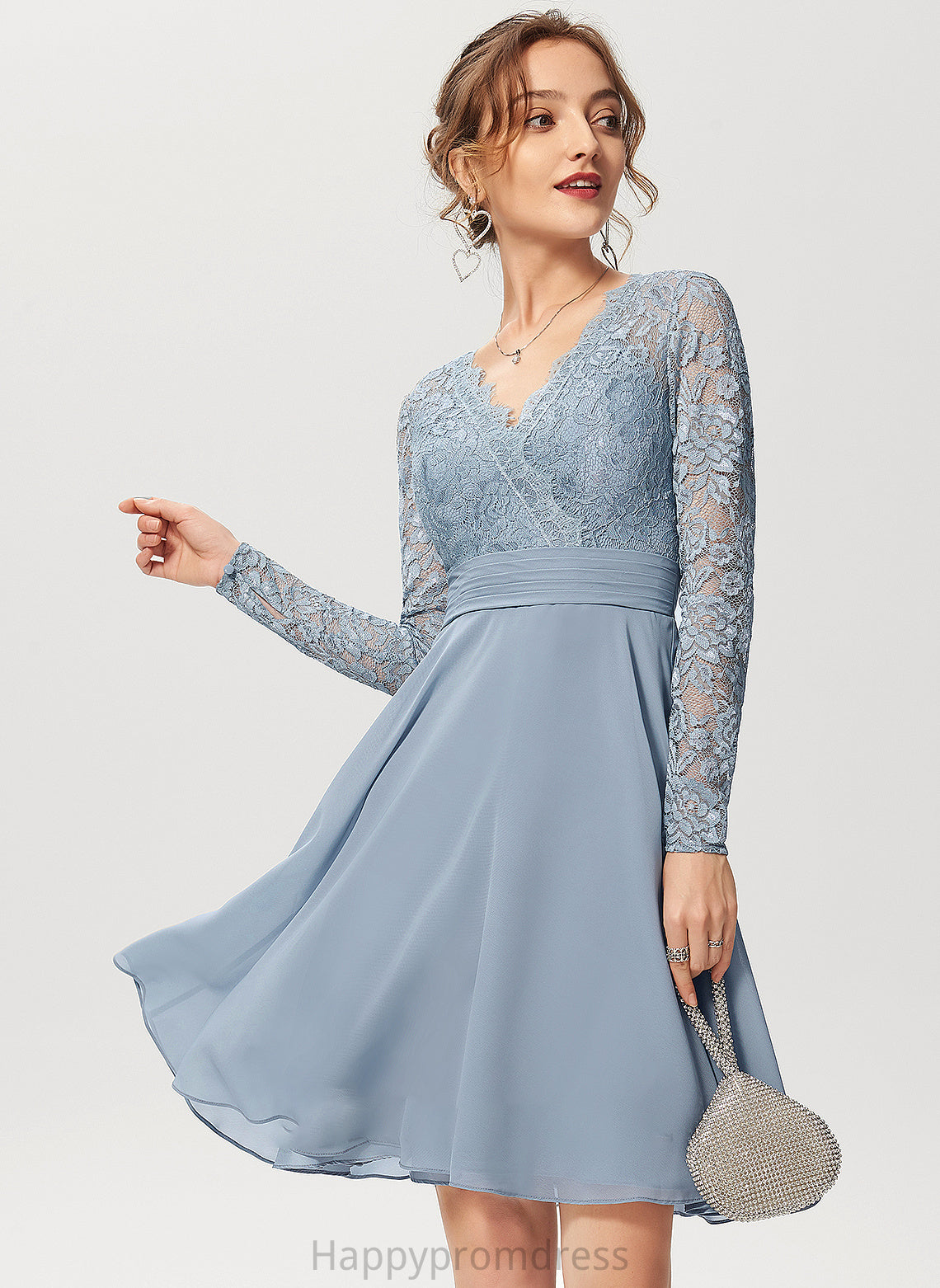 Fabric Neckline V-neck Silhouette A-Line Lace Length Knee-Length Sleeve Akira A-Line/Princess Floor Length Bridesmaid Dresses