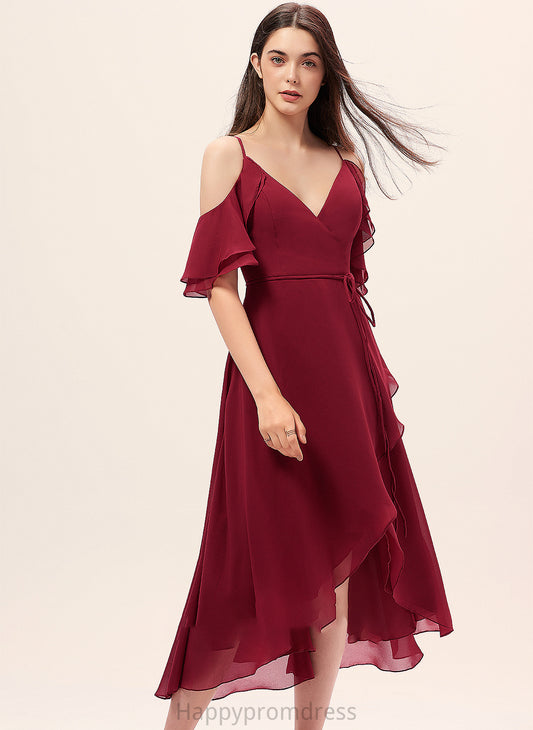 A-Line Silhouette Asymmetrical Embellishment Fabric Neckline CascadingRuffles V-neck Length Jaylene Sleeveless Natural Waist Bridesmaid Dresses