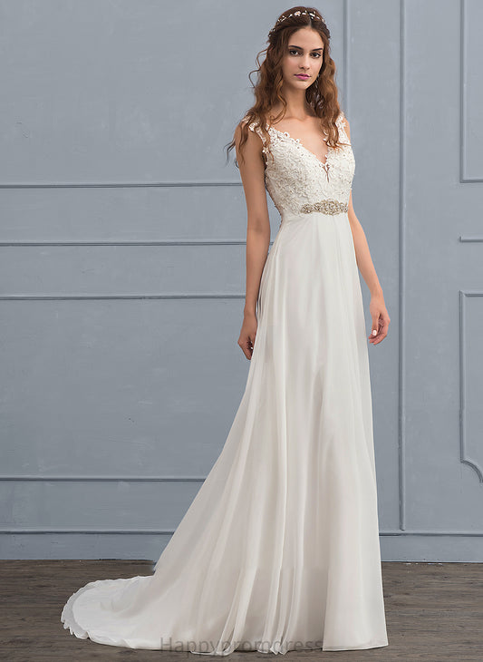 Wedding Dresses Sequins Beading Train A-Line V-neck With Dress Court Wedding Janae Chiffon