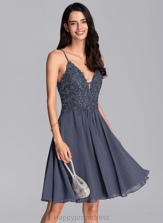 Dress V-neck Lace Chiffon Knee-Length Homecoming Homecoming Dresses With Aria A-Line Beading