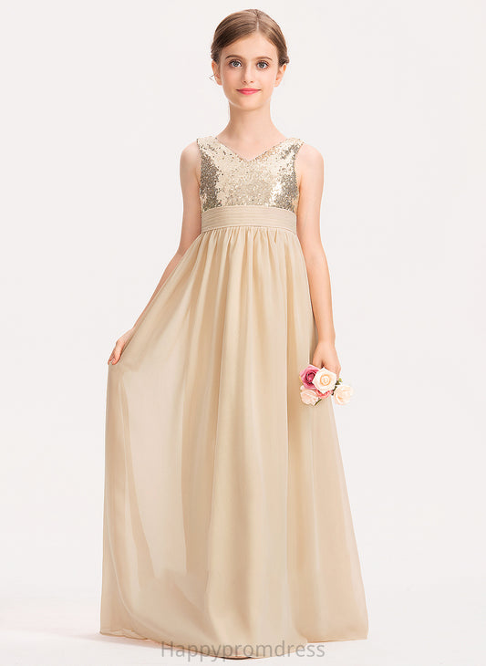 A-Line Chiffon Sequined With Floor-Length Ruffle Junior Bridesmaid Dresses Campbell V-neck