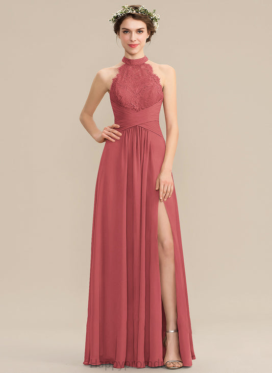 Neck Ruffle Prom Dresses High Front Sidney A-Line Floor-Length Chiffon Split With Lace