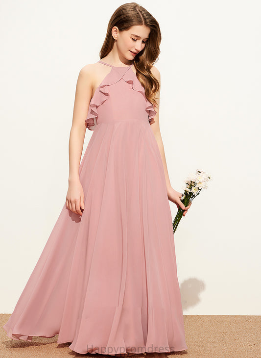 Floor-Length Alisha A-Line With Square Ruffles Neckline Cascading Chiffon Junior Bridesmaid Dresses