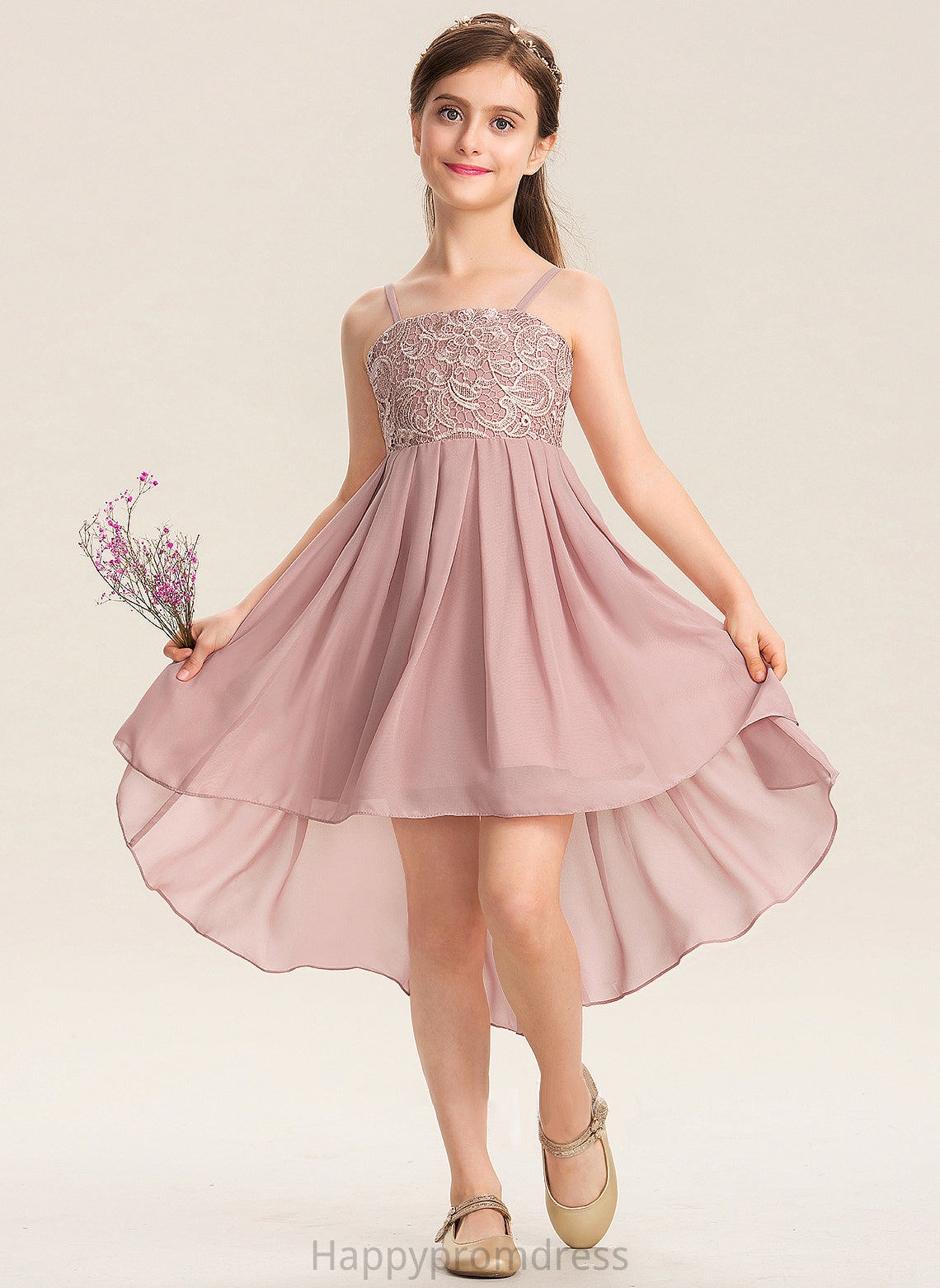 Lace Chiffon Junior Bridesmaid Dresses Neckline Asymmetrical Paisley Square A-Line