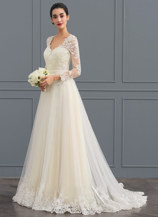 Wedding Dresses Sweep Train Dress V-neck Tulle Ball-Gown/Princess Wedding Kaliyah