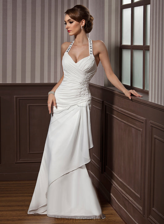 Val Halter Sheath/Column Floor-Length Lace Beading Wedding Dresses Wedding Sequins Appliques Dress With Chiffon Ruffle