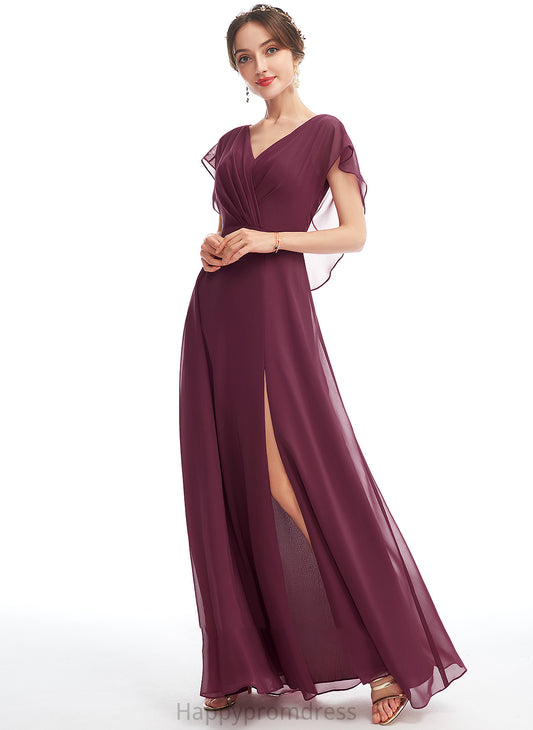 Floor-Length Ruffle A-Line SplitFront Fabric Length Silhouette Neckline V-neck Embellishment Greta Floor Length Bridesmaid Dresses