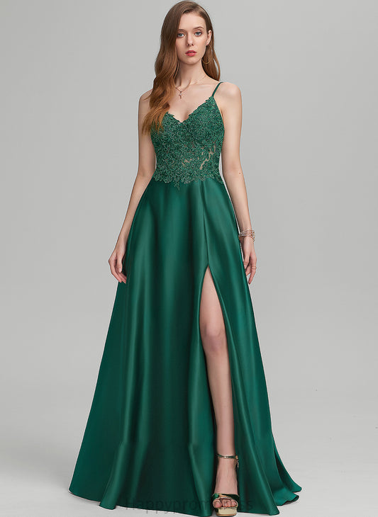 V-neck Front Prom Dresses A-Line Floor-Length Danielle With Split Satin