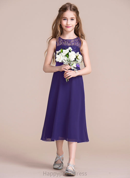 A-Line Scoop Junior Bridesmaid Dresses Tea-Length Chiffon Melinda Neck