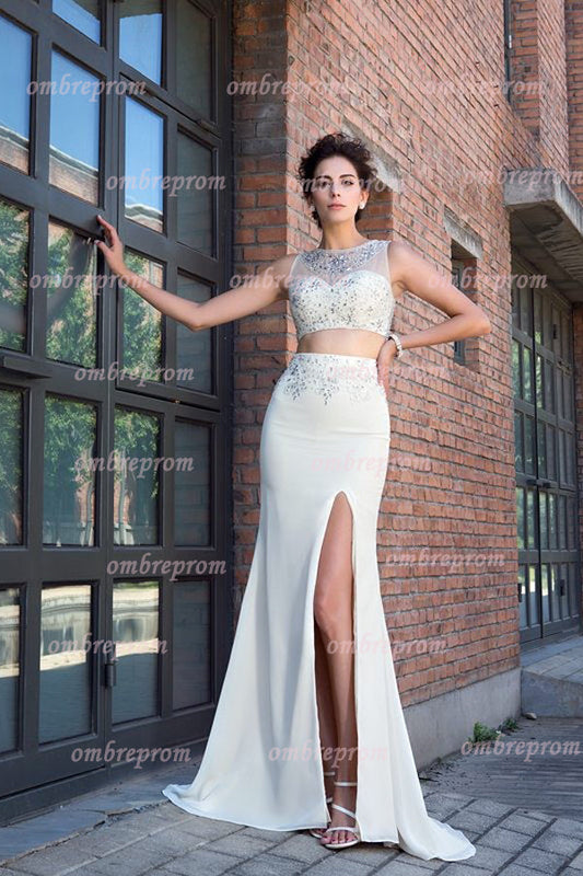 White Two Piece Sheath Crystal Sleeveless Long Chiffon Prom Dresses