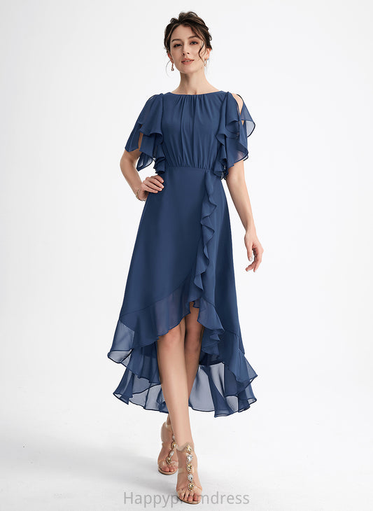 A-Line Chiffon Cascading Asymmetrical Cocktail Dresses Scoop Dress Cocktail Ruffles Neck With Denise