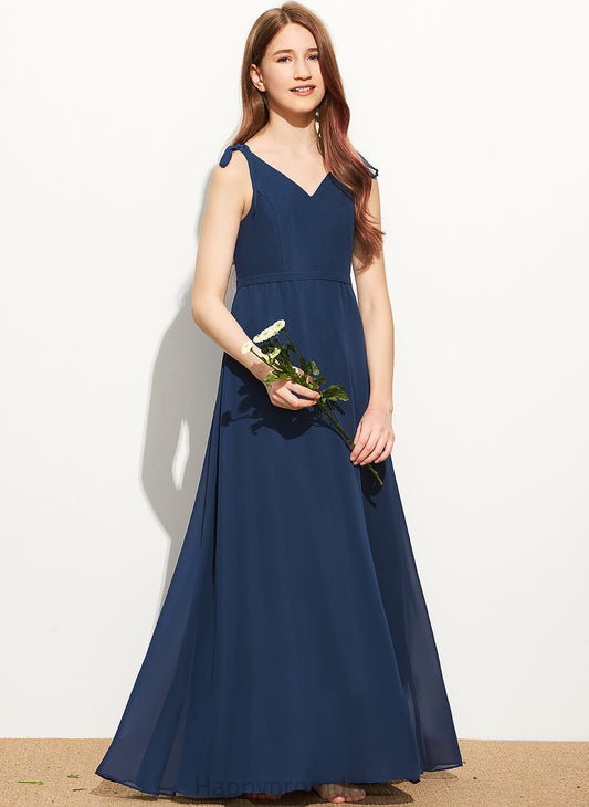 Junior Bridesmaid Dresses A-Line Bow(s) Chiffon Floor-Length Jo With V-neck