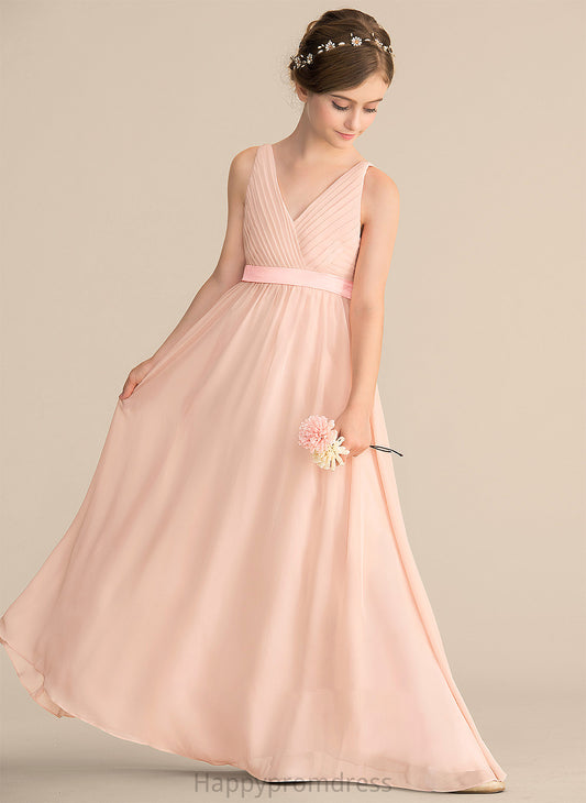 V-neck Bow(s) A-Line Ruffle Chiffon Paige Junior Bridesmaid Dresses Floor-Length With