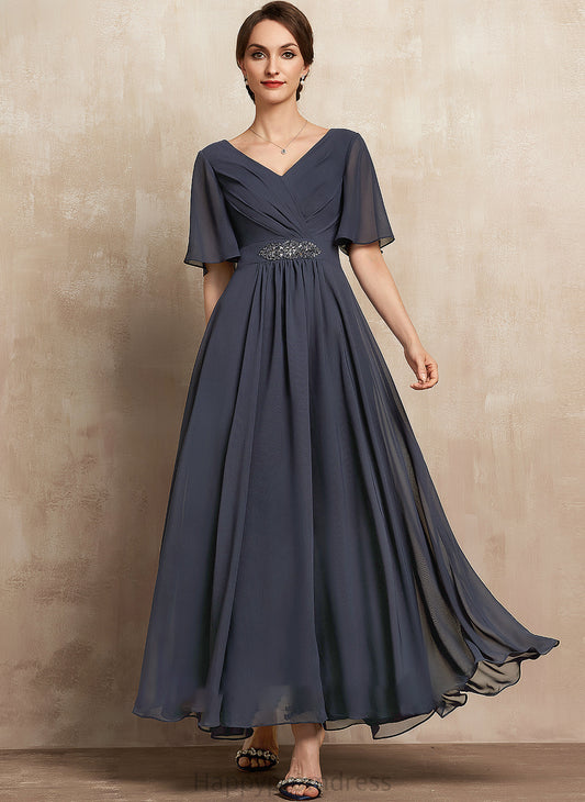 V-neck Chiffon A-Line of Kiersten Dress Mother of the Bride Dresses Sequins Bride Beading the With Mother Ruffle Ankle-Length