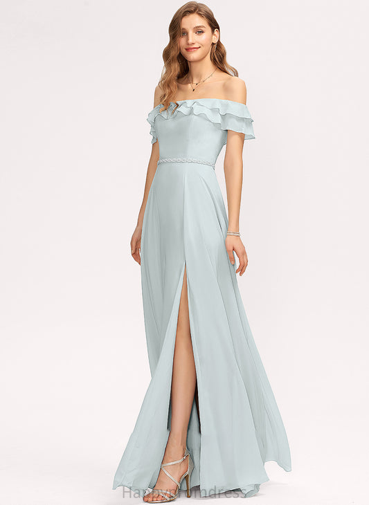 SplitFront Floor-Length Fabric Embellishment A-Line Length Off-the-Shoulder Beading Silhouette CascadingRuffles Neckline Lori Bridesmaid Dresses