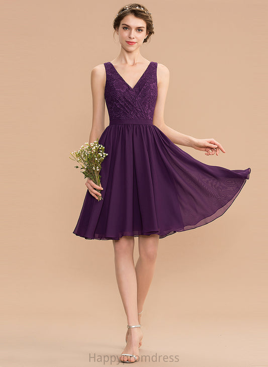 Neckline Ruffle V-neck Embellishment A-Line Length Knee-Length Silhouette Fabric Kiley Natural Waist Straps Bridesmaid Dresses