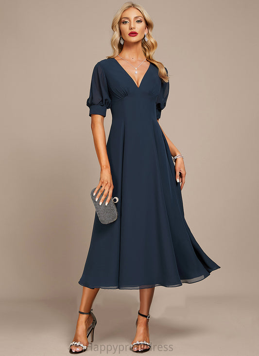 Tea-Length Dress Cocktail Chiffon V-neck A-Line Ruffle Shayna With Cocktail Dresses