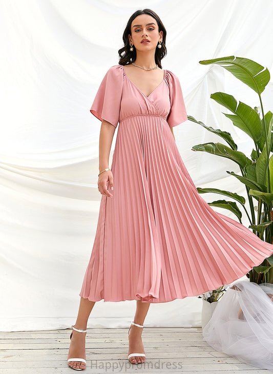 A-Line Fabric Tea-Length Silhouette Neckline Pleated Embellishment Length V-neck Mimi Natural Waist Floor Length Bridesmaid Dresses