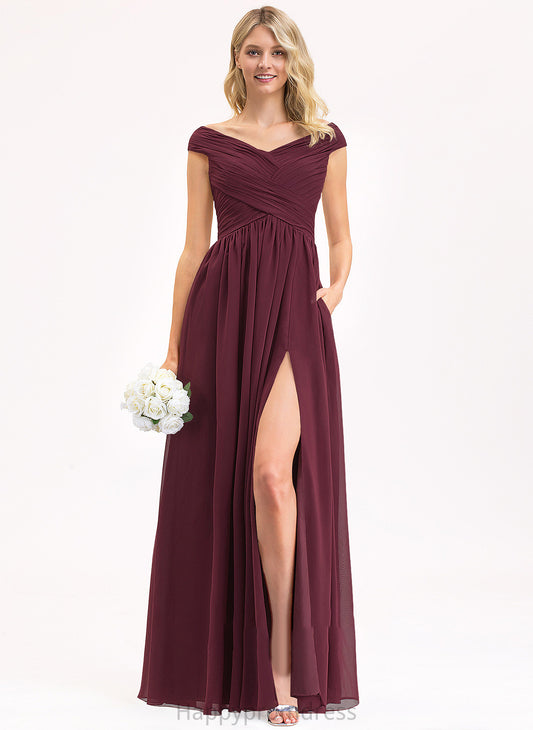 Chiffon Prom Dresses Front Off-the-Shoulder Floor-Length Kinley Ruffle Pockets A-Line Split With