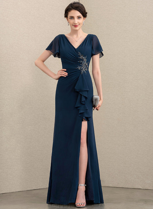 Persis V-neck Bride Split Sheath/Column Ruffles Front the Beading Dress Mother Floor-Length With Chiffon Cascading of Mother of the Bride Dresses