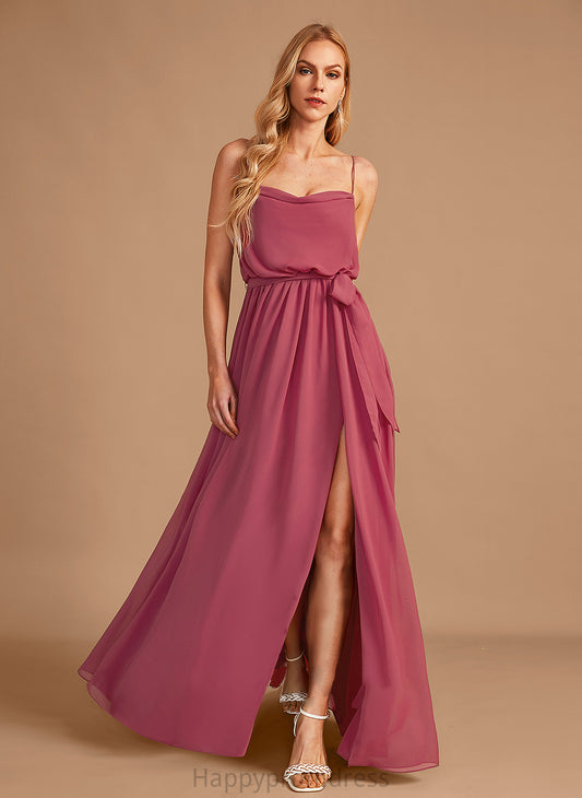 Floor-Length Embellishment CowlNeck Length Silhouette A-Line Neckline Ruffle SplitFront Fabric Marcia Floor Length Bridesmaid Dresses