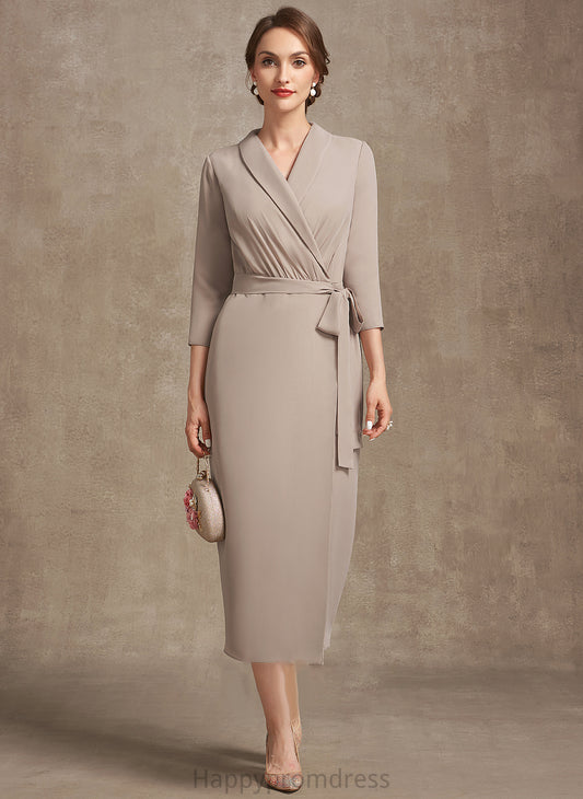 the Bow(s) Mother of With Tea-Length Sam Bride Dress V-neck Sheath/Column Mother of the Bride Dresses Chiffon