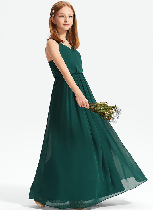 With Floor-Length A-Line Elsa Chiffon V-neck Ruffle Junior Bridesmaid Dresses