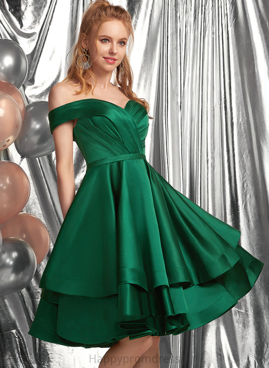 Thelma Knee-Length A-Line Homecoming Dresses Ruffle Off-the-Shoulder With Homecoming Dress Satin