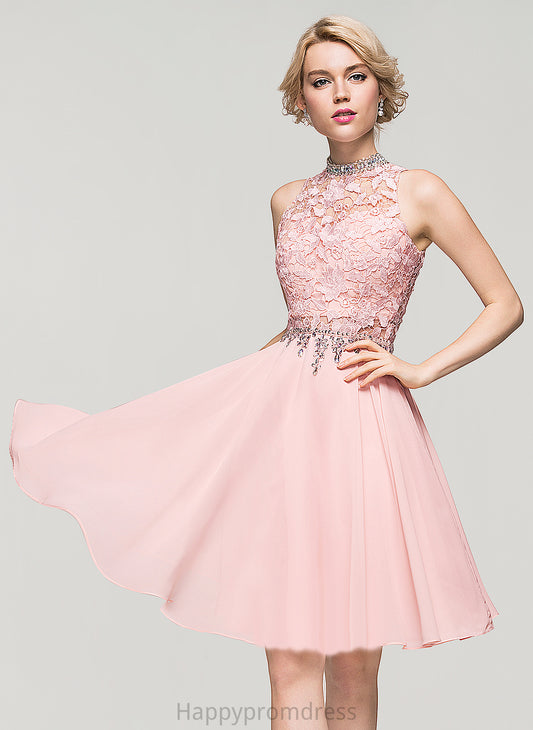 Knee-Length Lace Homecoming Dresses Neck Dress Sequins A-Line Beading Homecoming With High Kaliyah Chiffon