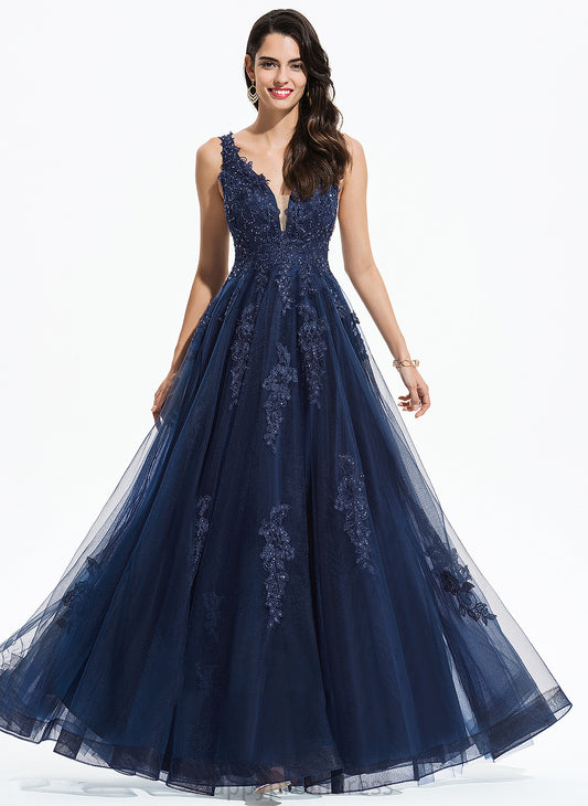 Prom Dresses With Sequins A-Line Lace V-neck Kathy Floor-Length Tulle