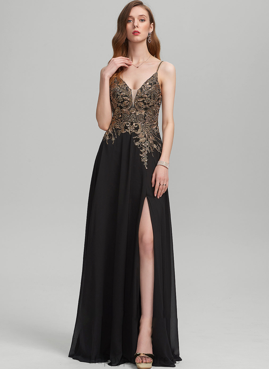 Chiffon Front Faith Floor-Length Split A-Line Lace V-neck Sequins Prom Dresses With