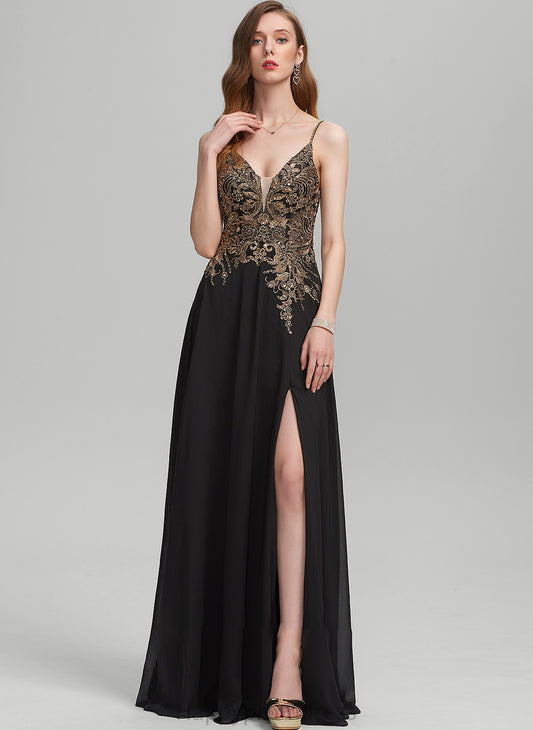 Chiffon Front Faith Floor-Length Split A-Line Lace V-neck Sequins Prom Dresses With