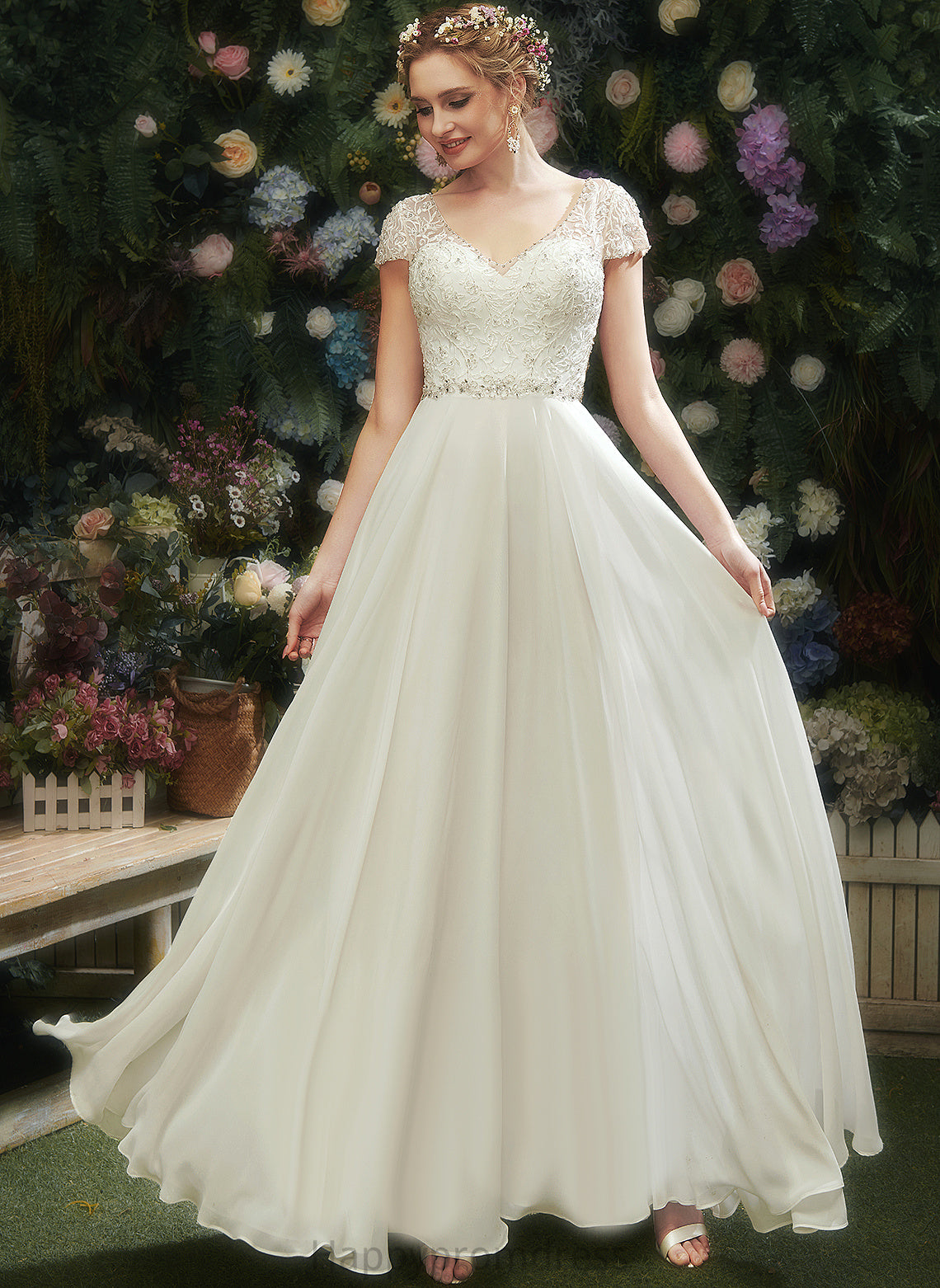 Wedding Dresses A-Line Wedding Floor-Length V-neck With Chiffon Beading Kylee Sequins Dress Lace