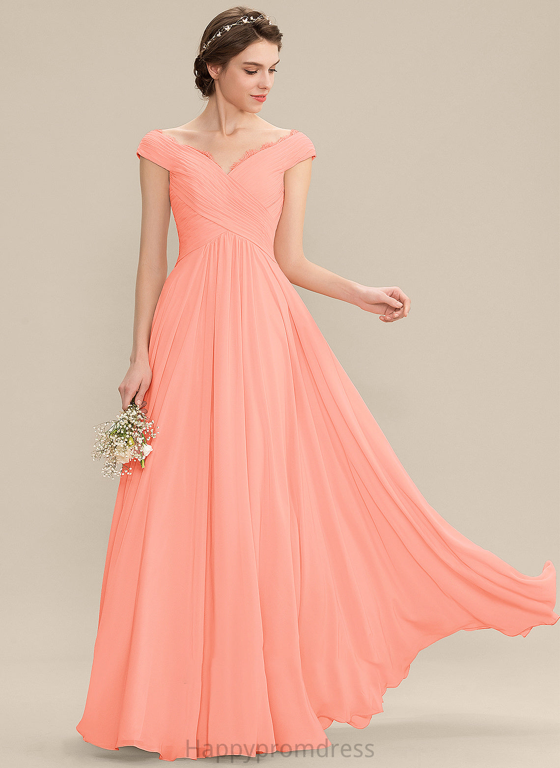 A-Line Off-the-Shoulder Floor-Length Fabric Embellishment Length Lace Silhouette Ruffle Neckline Willa Natural Waist Bridesmaid Dresses