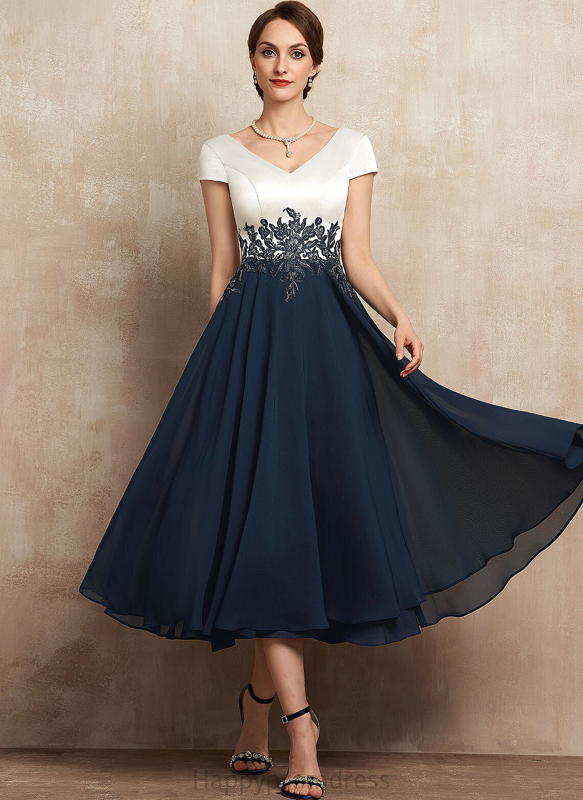 Lace V-neck Mackenzie A-Line the Chiffon Bride of Dress Tea-Length Mother of the Bride Dresses Mother