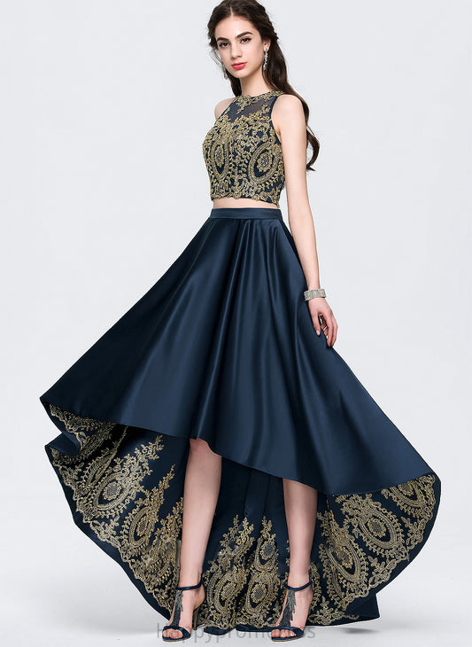 Karley Beading Prom Dresses Scoop Sequins A-Line Asymmetrical With Satin Neck Lace