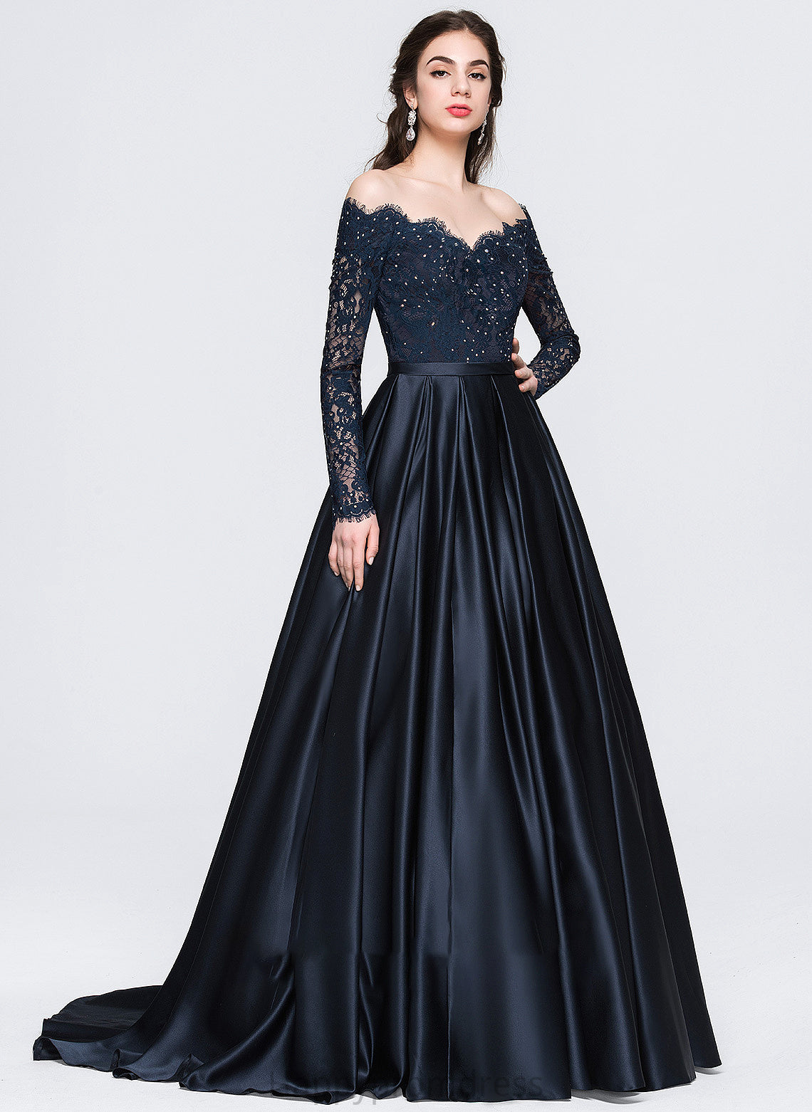 Prom Dresses Leilani Ball-Gown/Princess Train Satin With Beading Off-the-Shoulder Sweep