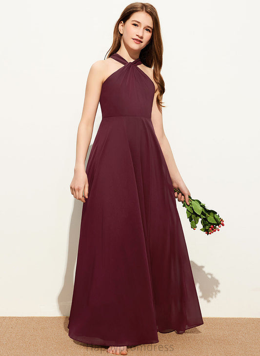 Junior Bridesmaid Dresses With Floor-Length V-neck Ruffle Melinda A-Line Chiffon