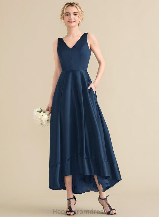 V-neck Neckline Fabric Pockets Embellishment Satin Asymmetrical Length Straps Camila Spaghetti Staps Floor Length Bridesmaid Dresses