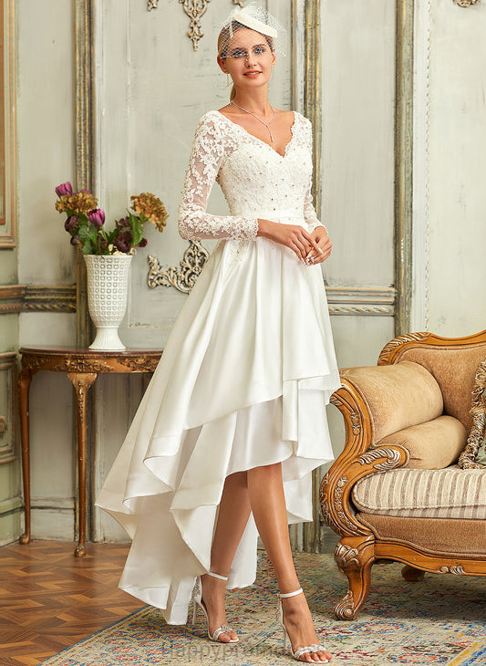 Dress Satin Asymmetrical Lace A-Line Wedding Dresses Wedding V-neck Winnie