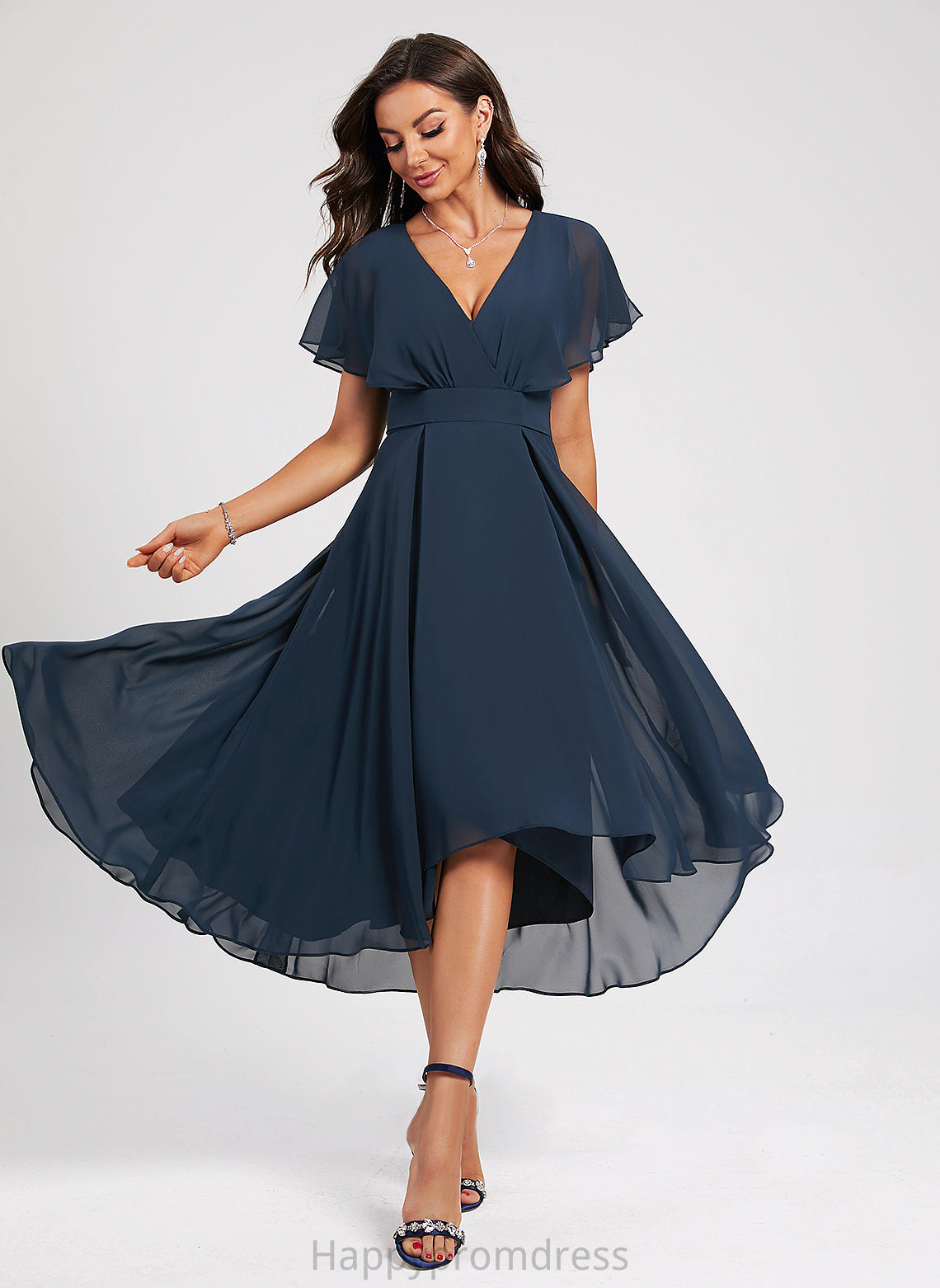 V-neck Cocktail Dresses Asymmetrical Cameron Chiffon With A-Line Sash Cocktail Dress