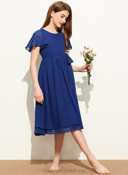 A-Line Larissa Scoop Junior Bridesmaid Dresses Bow(s) Knee-Length Neck Chiffon With