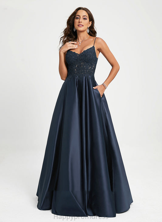 V-neck Sequins A-Line Prom Dresses Satin Lace Floor-Length With Saige