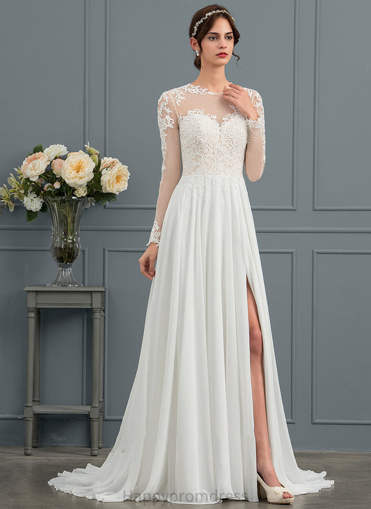 With Illusion Front Chiffon Wedding Dresses Sweep A-Line Wedding Appliques Dress Lace Train Xiomara Split