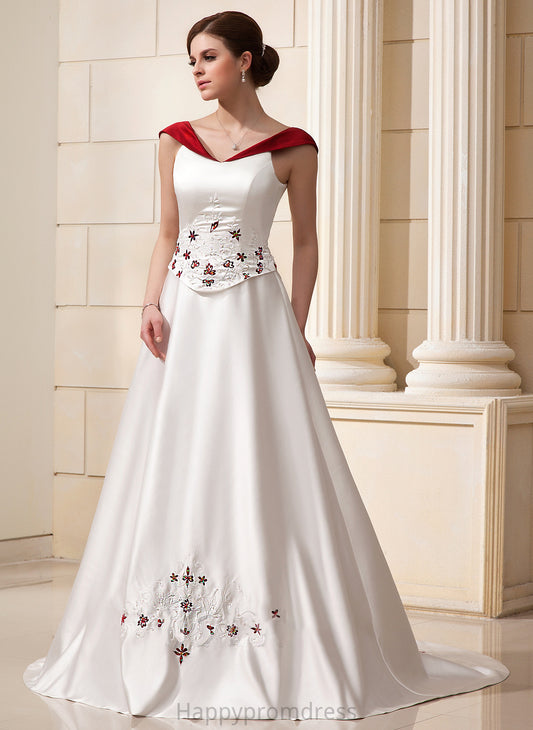 Wedding Dresses Train Chapel Beading Dress Flower(s) Ball-Gown/Princess With Wedding Michaela Satin