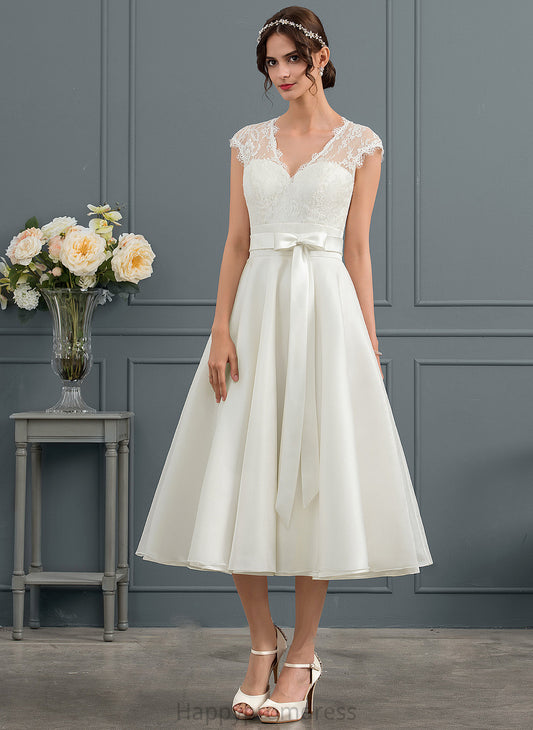 A-Line V-neck Wedding Dresses Kyleigh With Wedding Tea-Length Satin Dress Bow(s)