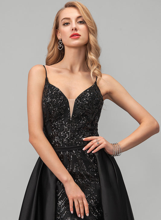 Satin A-Line V-neck With Prom Dresses Kristen Floor-Length Sequins